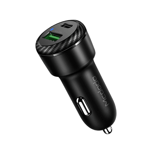 38W Dual Car Charger Carbon Fiber Finish USB-A and USB-C